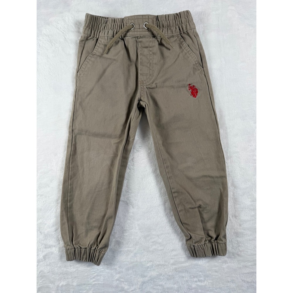 US Polo Assn Kids Khaki Jogger Pants Tan Cotton Twill Size 3T Logo Drawstring